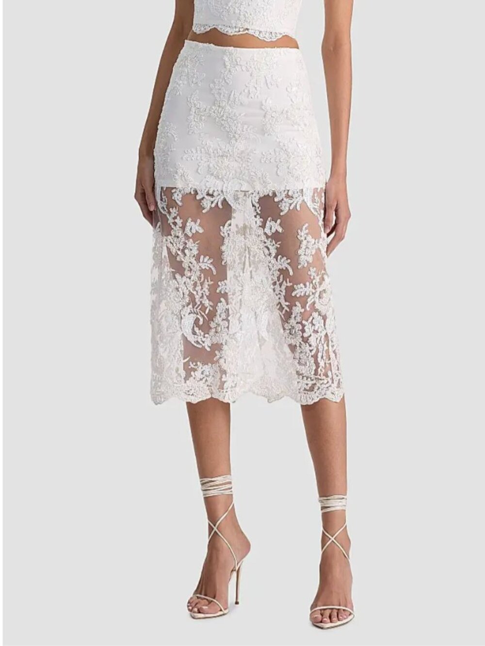 ALICE + OLIVIA Medine Lace Slip Midi-Skirt White Sequin Lace Midi Skirt Size 2